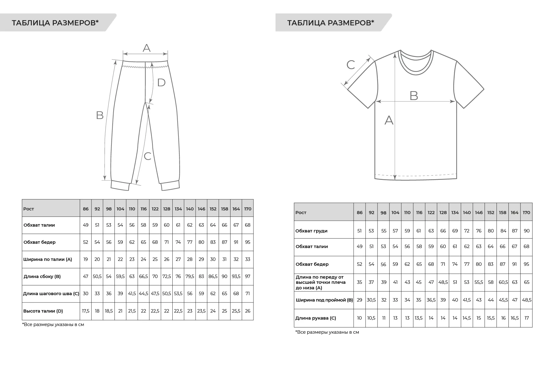 размерная таблица Комплект детский: футболка + штаны